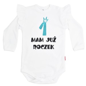 Body z falbanką Mam już roczek cyferką 1 miętowy nadruk