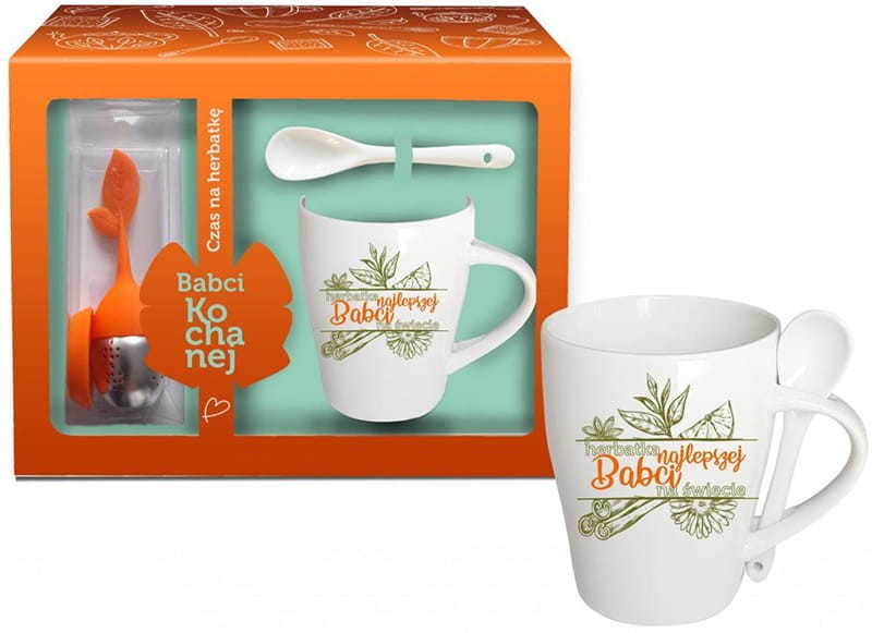 Zestaw kubek z łyżeczką 340ml, zaparzacz silikonowy, Herbatka Najlepszej Babci