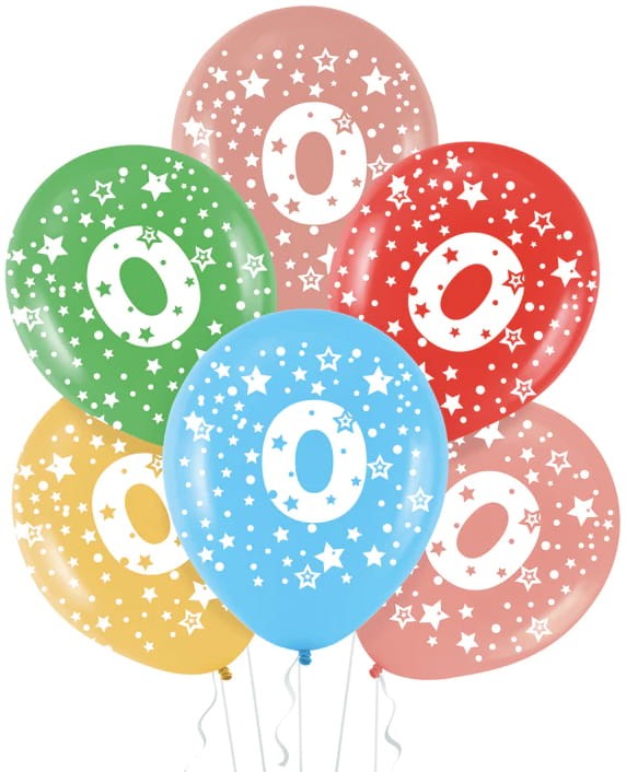 Balony kolorowe z cyfrą 0 urodziny 5szt