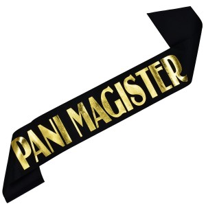 Czarna szarfa ze złotym nadrukiem Pani Magister