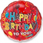 Balon foliowy 45cm - Happy Birthday (tasiemki)