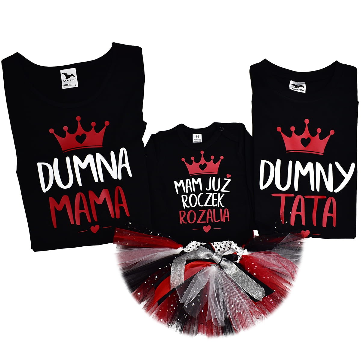 zestaw dumna mama i tata komplet mam juz roczek z imieniem czerwony
