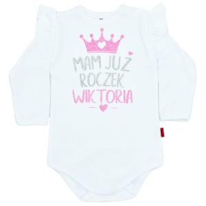 Body dziecięce z falbanką Mam już roczek + imię z brokatowym nadrukiem