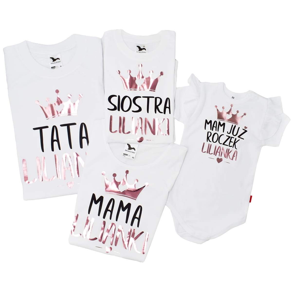 zestaw 2+2 siostra mama tata mama z imieniem dziecka i body mam juz roczek z imieniem