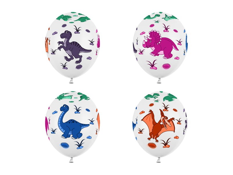 Balony 30cm, Dinozaury, Pastel Pure White 6szt