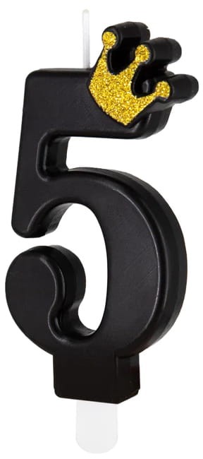 Świeczka czarna ze złotą koroną cyfra 5