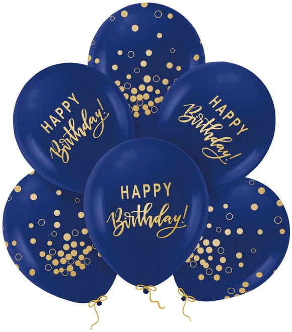 Balony Happy Birthday granatowo-złote 30cm 6szt