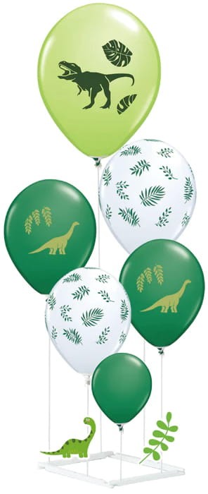 Balony Dinozaury zielono-białe 6szt. zestaw ze stojakiem