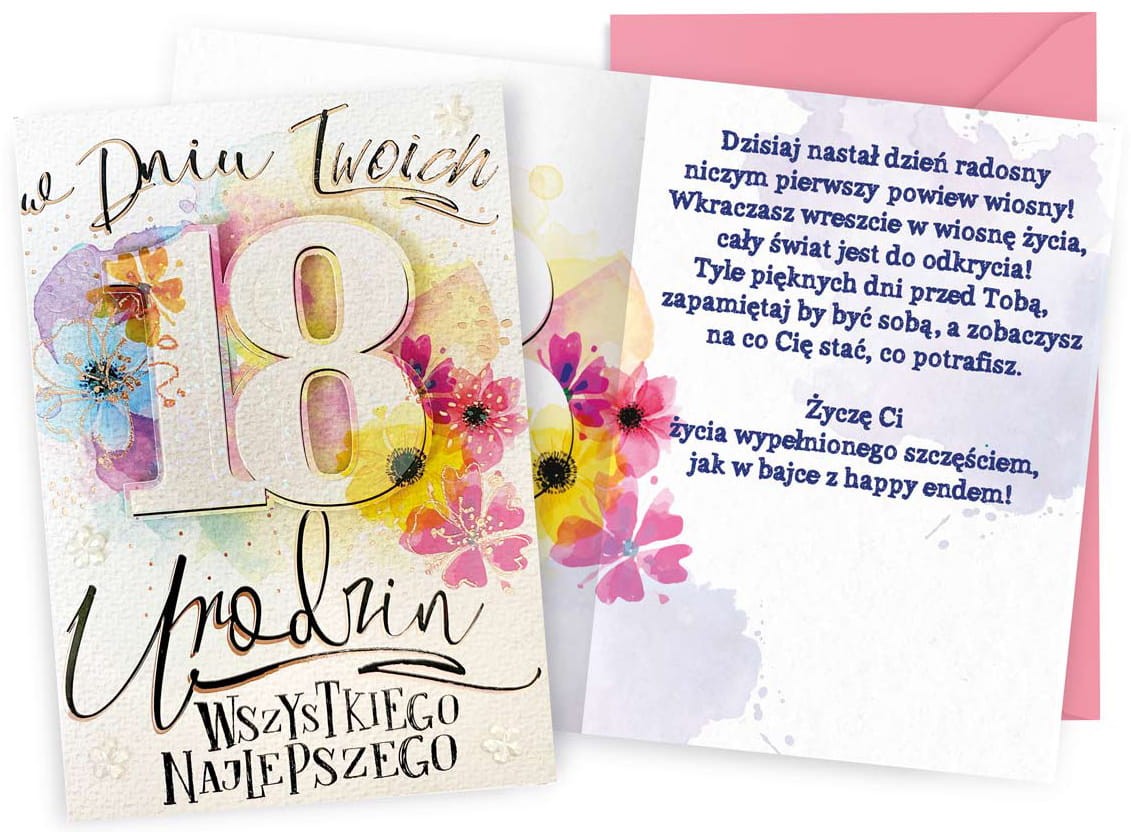 Kartka na 18 Urodziny - kwiaty, efekt akwareli