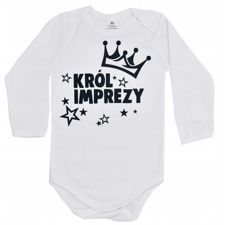Body KRÓL IMPREZY roczek białe body + imię dziecka czarny nadruk