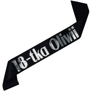 Czarna szarfa ze srebrnym nadrukiem 18tka + imię