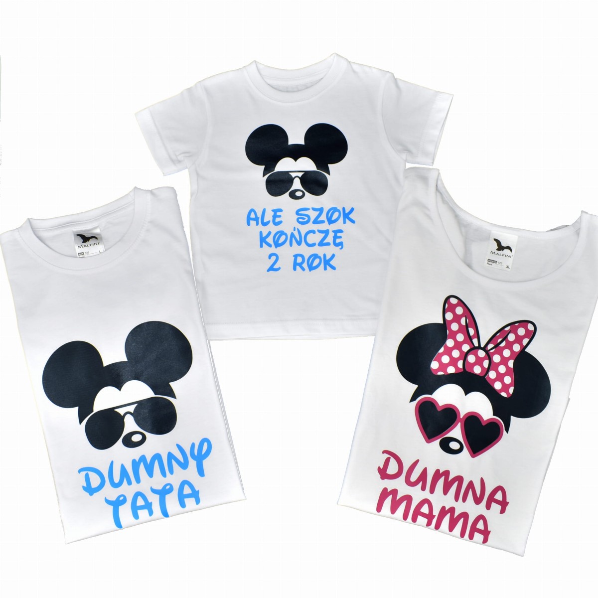zestaw rodzinny mama tata syn trzy białe koszulki z myszkami w okularach dumny tata dumna mama ale szok
