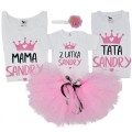 zestaw urodzinowy mama tata córka białe koszulki i body różowa spódniczka tutu ze wstążką