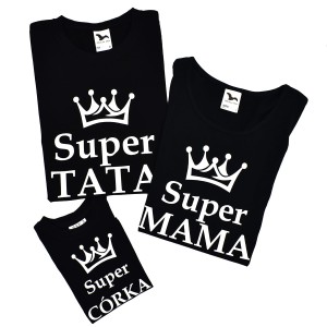 Zestaw rodzinny SUPER MAMA, SUPER TATA, SUPER CÓRKA - czerń i biel