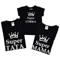 zestaw czarny koszulek super mama super tata super córka białe korony napisy