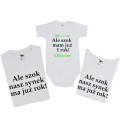 zestaw rodzinny dwie białe koszulki ale szok nasz synek ma już rok białe body ale szok mam już rok z zieloną strzałą i imieniem