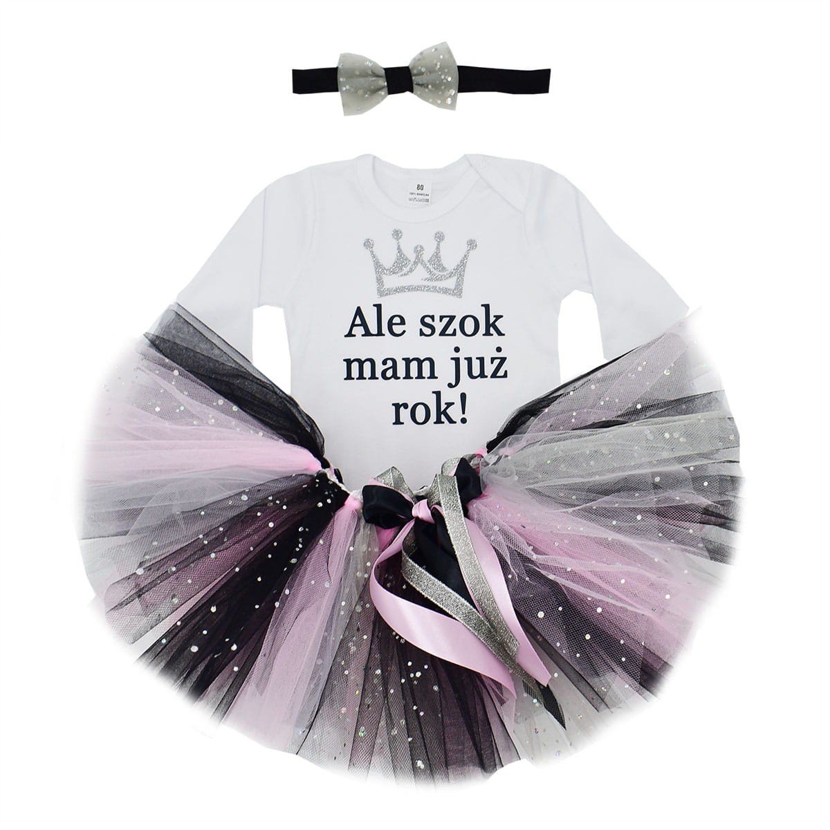 Zestaw na roczek ALE SZOK MAM JUŻ ROK w kolorystyce szary, czarny i jasny róż