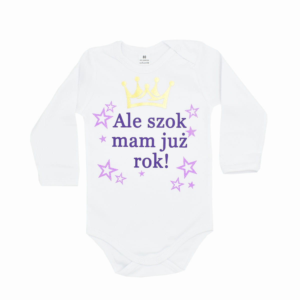 Białe body dziecięce z fioletowym napisem ALE SZOK MAM JUŻ ROK! i ze złotą koroną