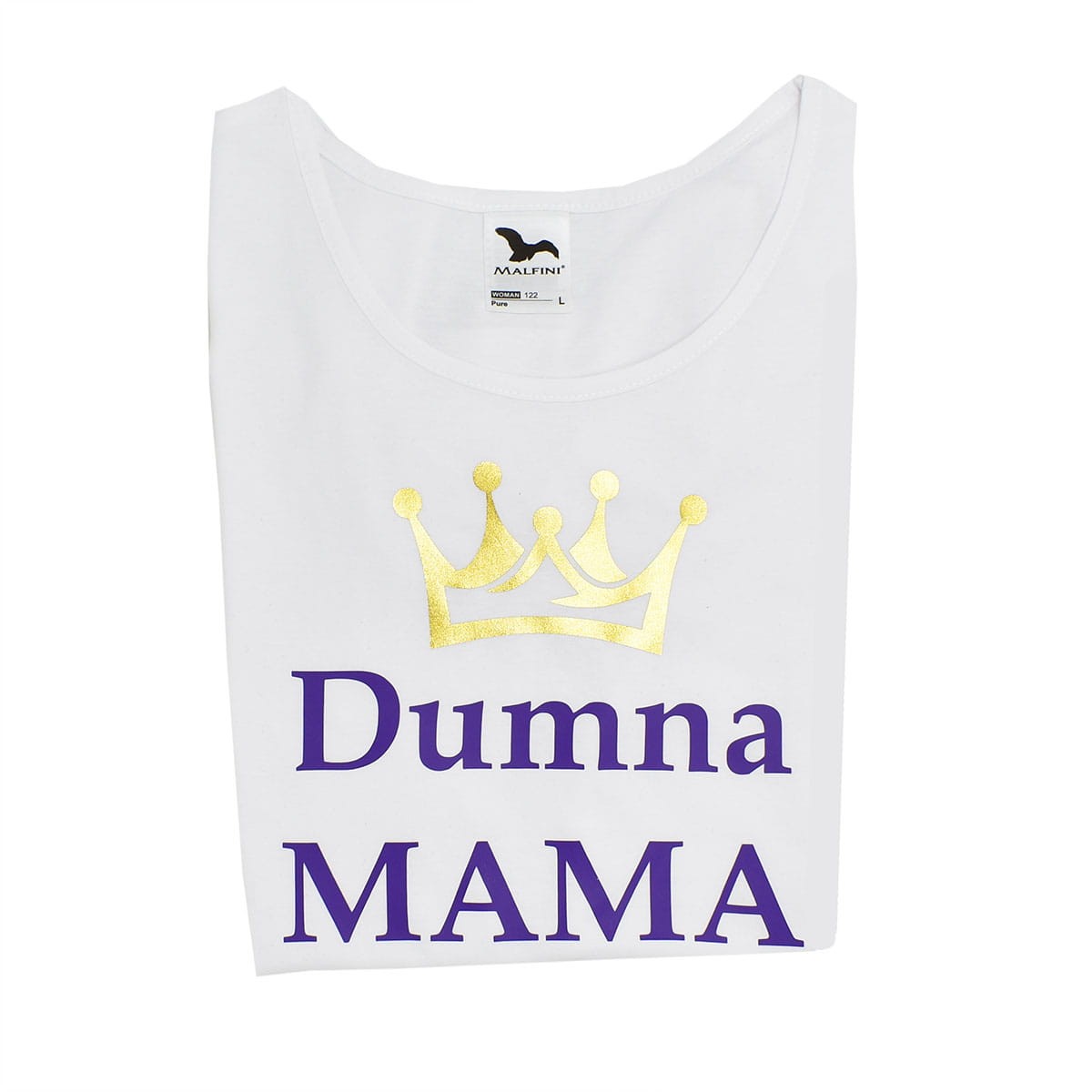 Biała koszulka damska z fioletowym napisem DUMNA MAMA ze złotą koroną