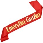 Emerytka z imieniem czerwona szarfa ze złotym nadrukiem