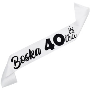 Boska 40-tka biała szarfa z czarnym nadrukiem