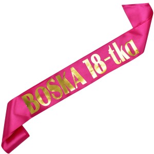 Boska 18tka - różowa szarfa ze złotym nadrukiem 