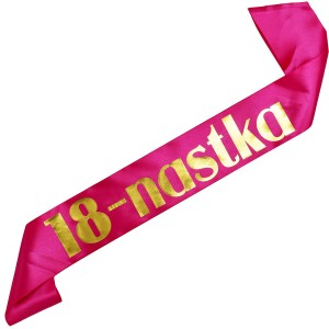 18-nastka - różowa szarfa ze złotym nadrukiem  