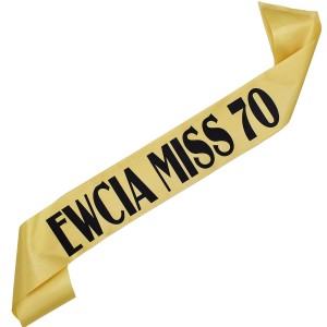 Miss 70 + imię -  złota szarfa z czarnym nadrukiem