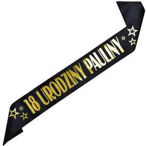 18 urodziny + imię - czarna szarfa ze złotym nadrukiem