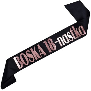 Boska 18-nastka - czarna szarfa z nadrukiem  różowo-złotym