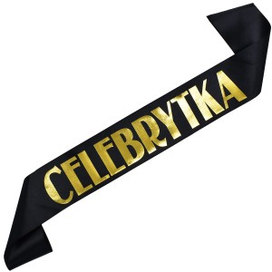 Celebrytka - czarna szarfa ze złotym nadrukiem