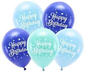 Balony Eco 26 cm, Happy Birthday, niebieski