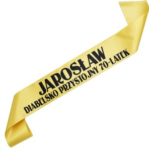 Diabelsko przystojny 70-latek + imię - złota szarfa z czarnym nadrukiem