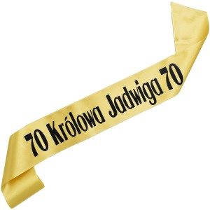 Królowa 70 + imię -  złota szarfa z czarnym nadrukiem