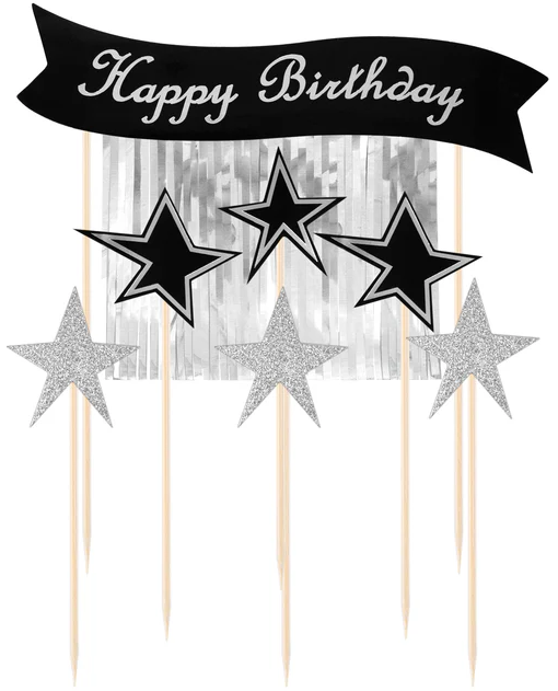 Toppery na tort Happy Birthday ze srebrnymi gwiazdami 7szt