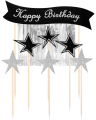 Toppery na tort Happy Birthday ze srebrnymi gwiazdami 7szt