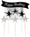 Toppery na tort Happy Birthday ze srebrnymi gwiazdami 7szt