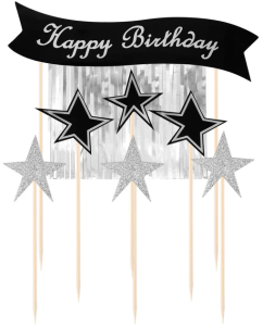 Toppery na tort Happy Birthday ze srebrnymi gwiazdami 7szt