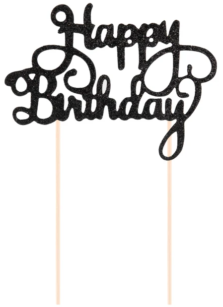Topper na tort Happy Birthday brokatowy czarny 1szt
