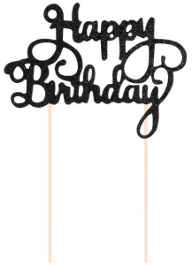 Topper na tort Happy Birthday brokatowy czarny 1szt