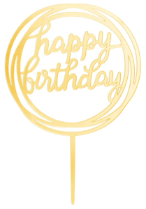 Topper na tort Happy Birthday okrągły lustrzany złoty 1szt