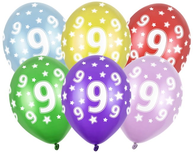 Balony 30cm, 9th Birthday, Metallic Mix 6 sztuk