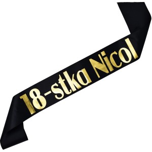 18-stka + imię - czarna szarfa ze złotym nadrukiem
