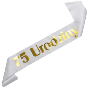  75 Urodziny - biała szarfa ze złotym nadrukiem