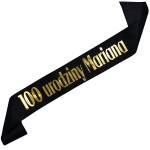 100 Urodziny + imię - czarna szarfa ze złotym nadrukiem