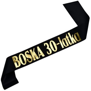 Boska 30-latka czarna szarfa ze złotym nadrukiem