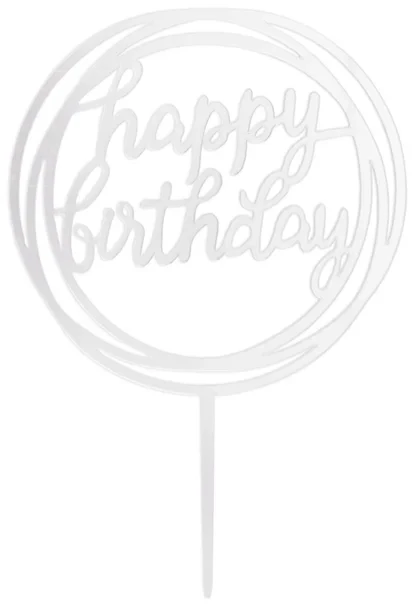 Topper na tort Happy Birthday okrągły lustrzany srebrny 1szt