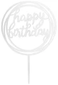 Topper na tort Happy Birthday okrągły lustrzany srebrny 1szt