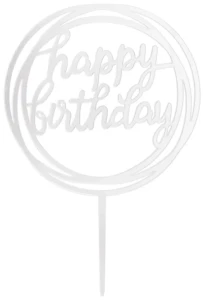 Topper na tort Happy Birthday okrągły lustrzany srebrny 1szt