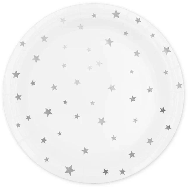 Papierowy talerz biały w srebrne gwiazdki 6szt 23cm